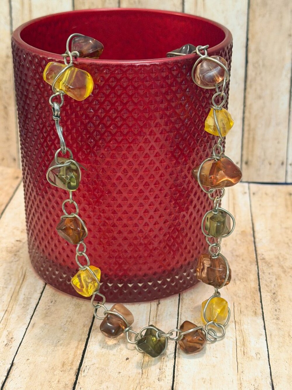 Abra Couture Resin Amber Nugget Cage Link Necklace Handmade Signed